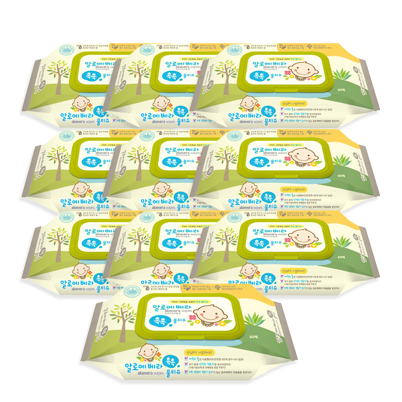 삼정펄프 알로에베라 촉촉 물티슈 캡형 80매 10팩 자극없는 부드러운 대용량 일반형 물티슈
