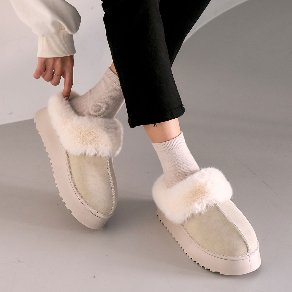 부드러운 퍼트리밍 여성용 통굽 키높이 겨울 털슬리퍼 사무실슬리퍼