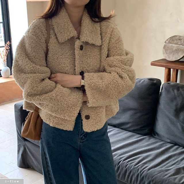 티지 뽀글이 카라넥 양털 덤블 크롭 자켓 (베이지) 가을 겨울 버튼 도톰 따뜻 제이플로우 - 상품 이미지