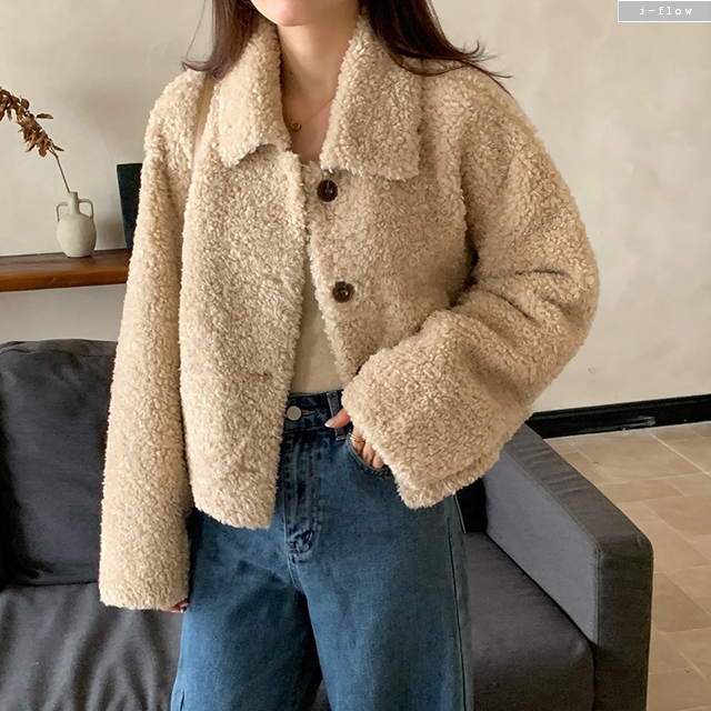 티지 뽀글이 카라넥 양털 덤블 크롭 자켓 (베이지) 가을 겨울 버튼 도톰 따뜻 제이플로우 - 상세 이미지 5