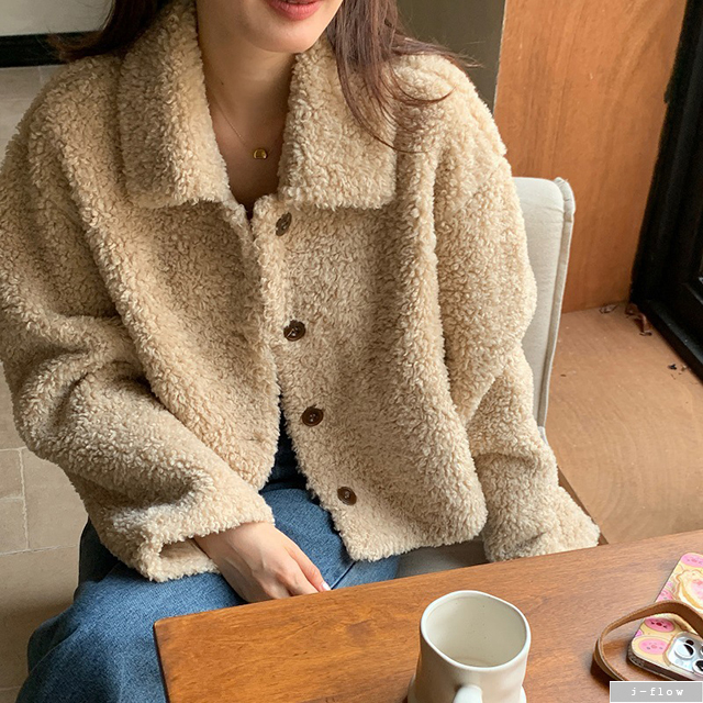 티지 뽀글이 카라넥 양털 덤블 크롭 자켓 (베이지) 가을 겨울 버튼 도톰 따뜻 제이플로우 - 상세 이미지 2