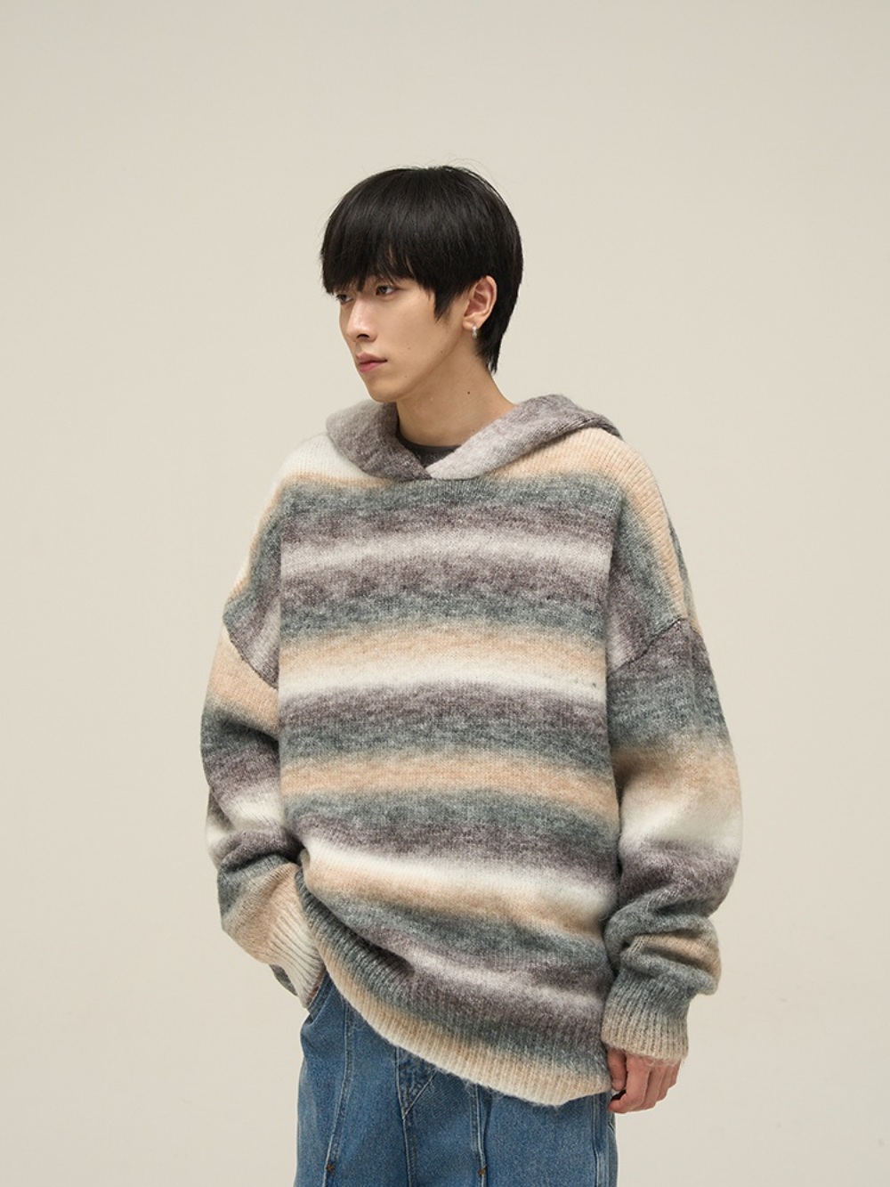 니트 후드티 스웨터 겨울 스트라이프 커플 레인보우 미국 스트릿 패션 명품느낌 힙한 레이어드 - 상세 이미지 5