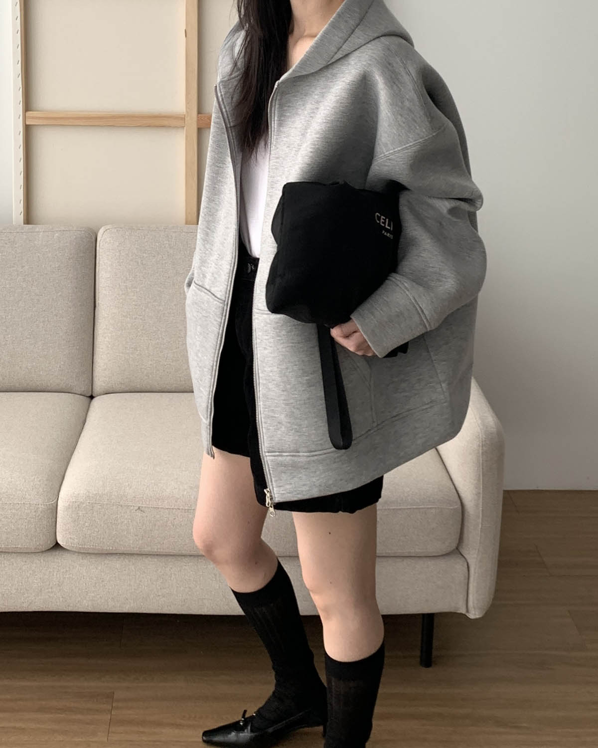 아웃핏 뮤뮤 후드 집업 무지 오버핏 박시 네오프렌 투웨이 후드 집업 (그레이) - 상세 이미지 2