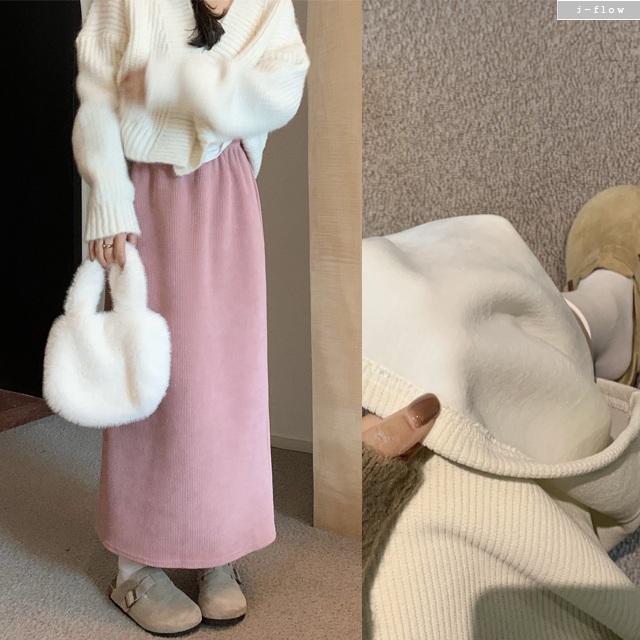 페던 기모 코듀로이 밴딩 H라인 롱스커트 3col 겨울 봄 도톰 따뜻 골지 제이플로우 - 메인 이미지