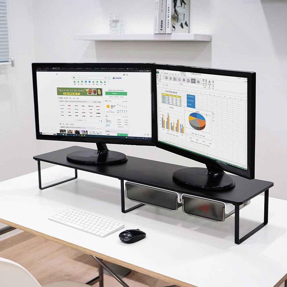 7NC 듀얼 모니터받침대 높은 선반 받침 서랍 스탠드 책상 컴퓨터 대형 사무실 1000mm