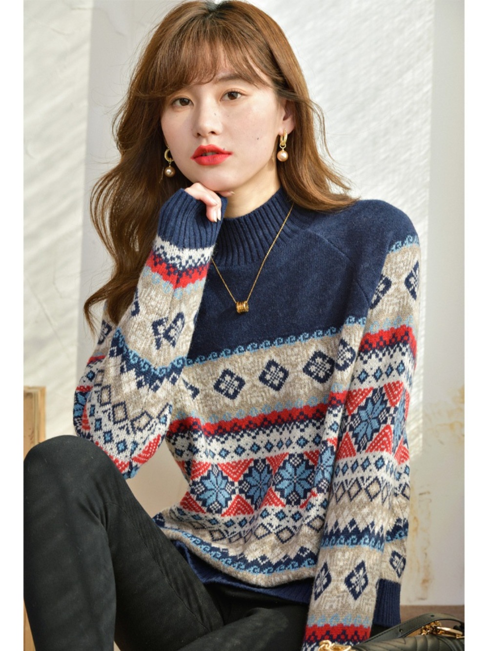 눈꽃 니트 크리스마스 자가드 자카드 노르딕 스웨터 이미지 2