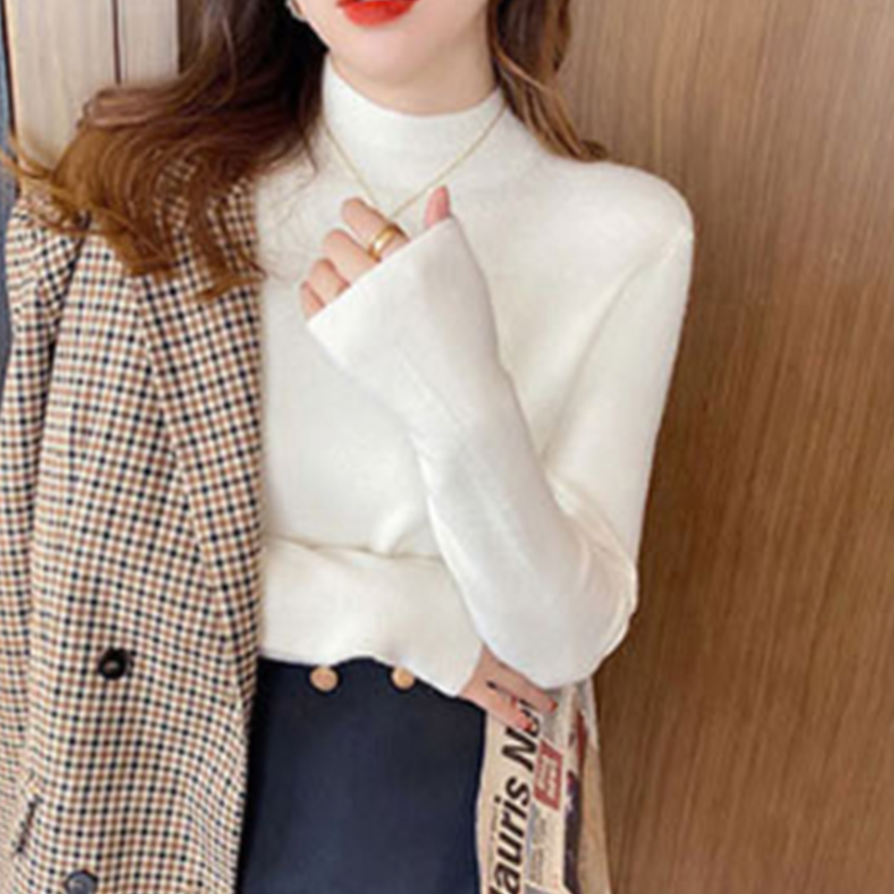 목티니트 흰색 얇은 여성 이너 기본 반목 폴라 티셔츠 이미지 2