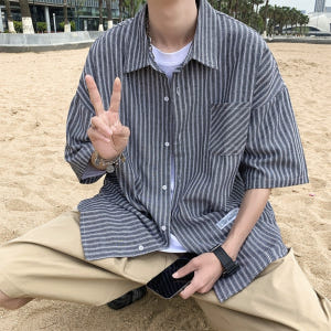 키 옷 정보 나혼자 산다 나혼산 남성용 셔츠 스트라이프 오버핏 남친룩 0... 착용 후기 | 사이즈/핏 총정리 - 상품 이미지 4