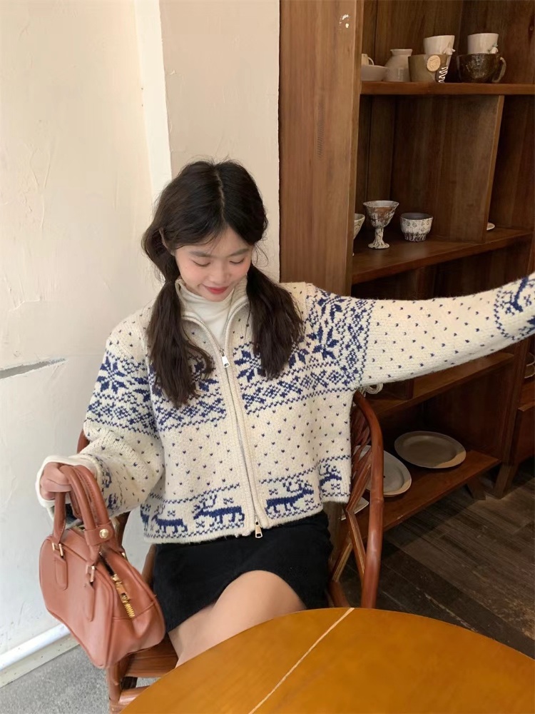 노르딕 크롭 가디건 니트 크리스마스 보헤미안 자가드 스웨터 이미지 2
