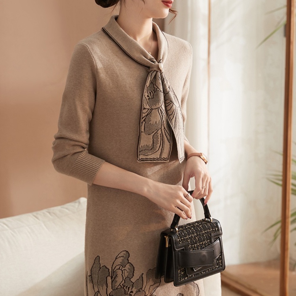 중년여성 니트 원피스 스카프 타이 고풍스런 - 상품 이미지