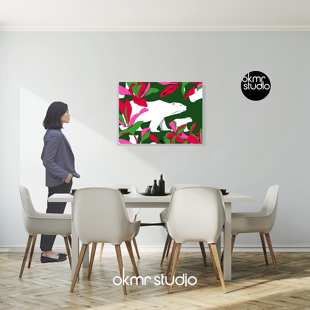 북극곰 레드그린 캔버스 패브릭 중형 거실 인테리어 그림 액자 주문 제작 집들이 선물 액자 - 상세 이미지 2