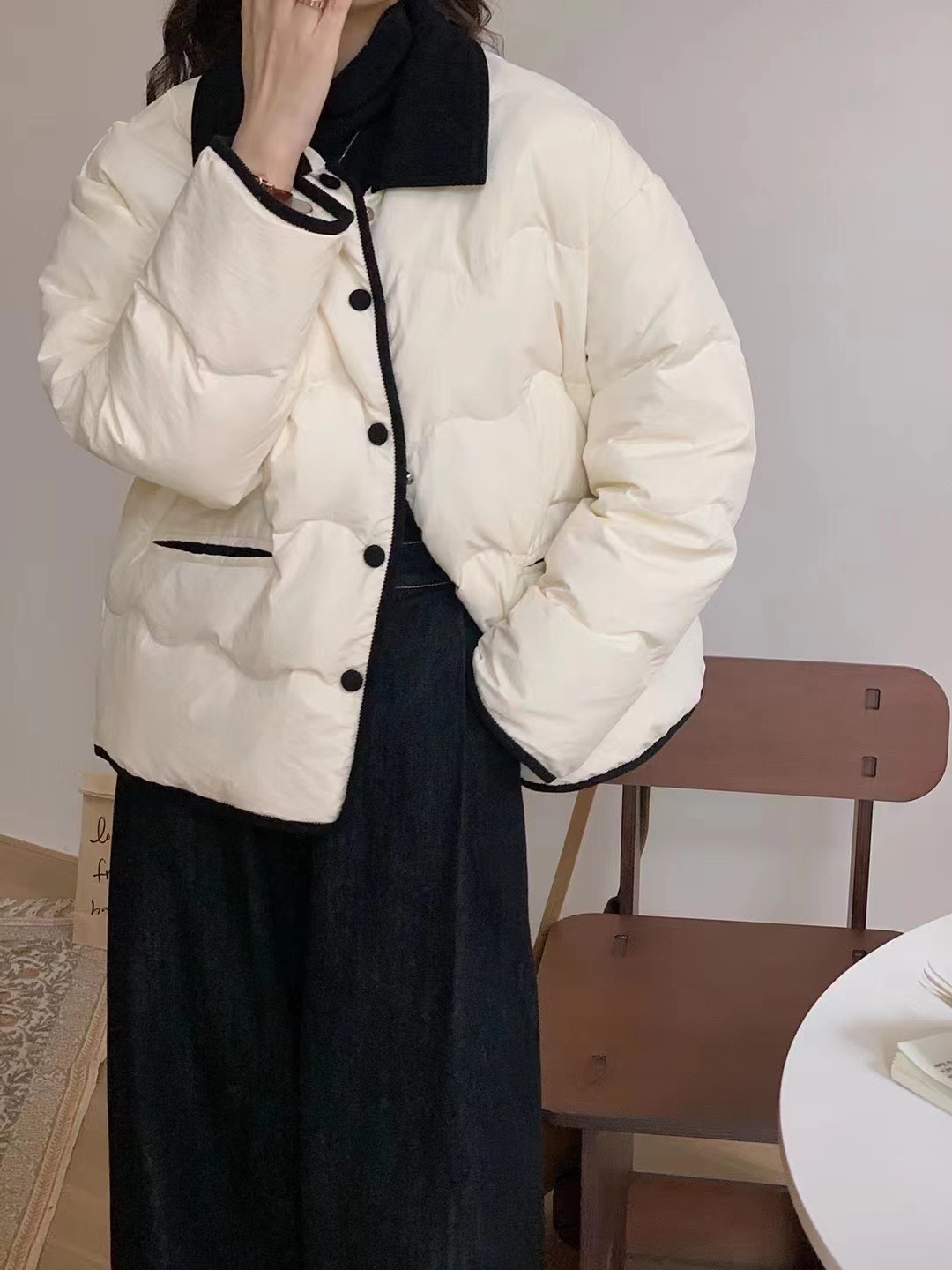 코드 카라 배색 코듀로이 물결 경량 퀼팅 웰론 누빔 패딩 점퍼 자켓 이미지 2