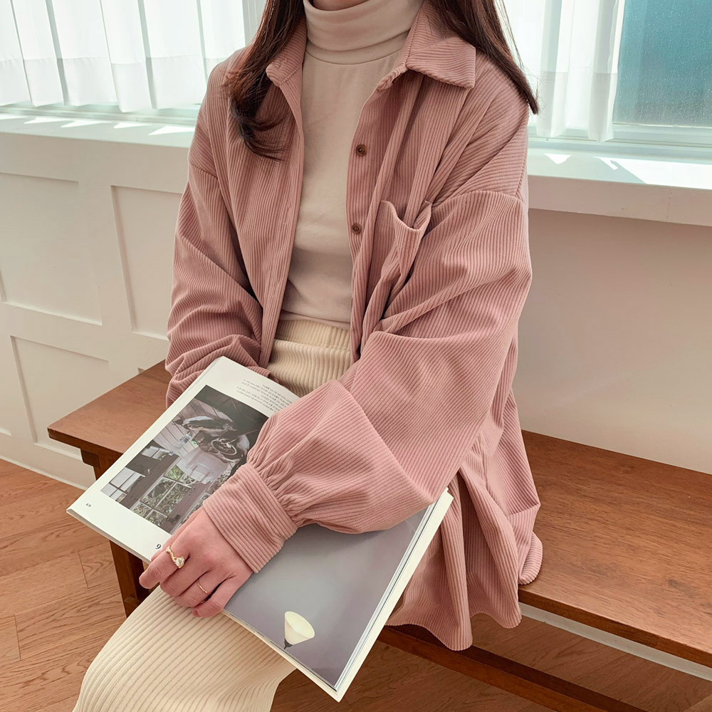 퍼프 코듀로이 셔츠 여성 남방 기모 골덴 셔츠 셔링 겨울 블라우스 핑크 검정 브라운