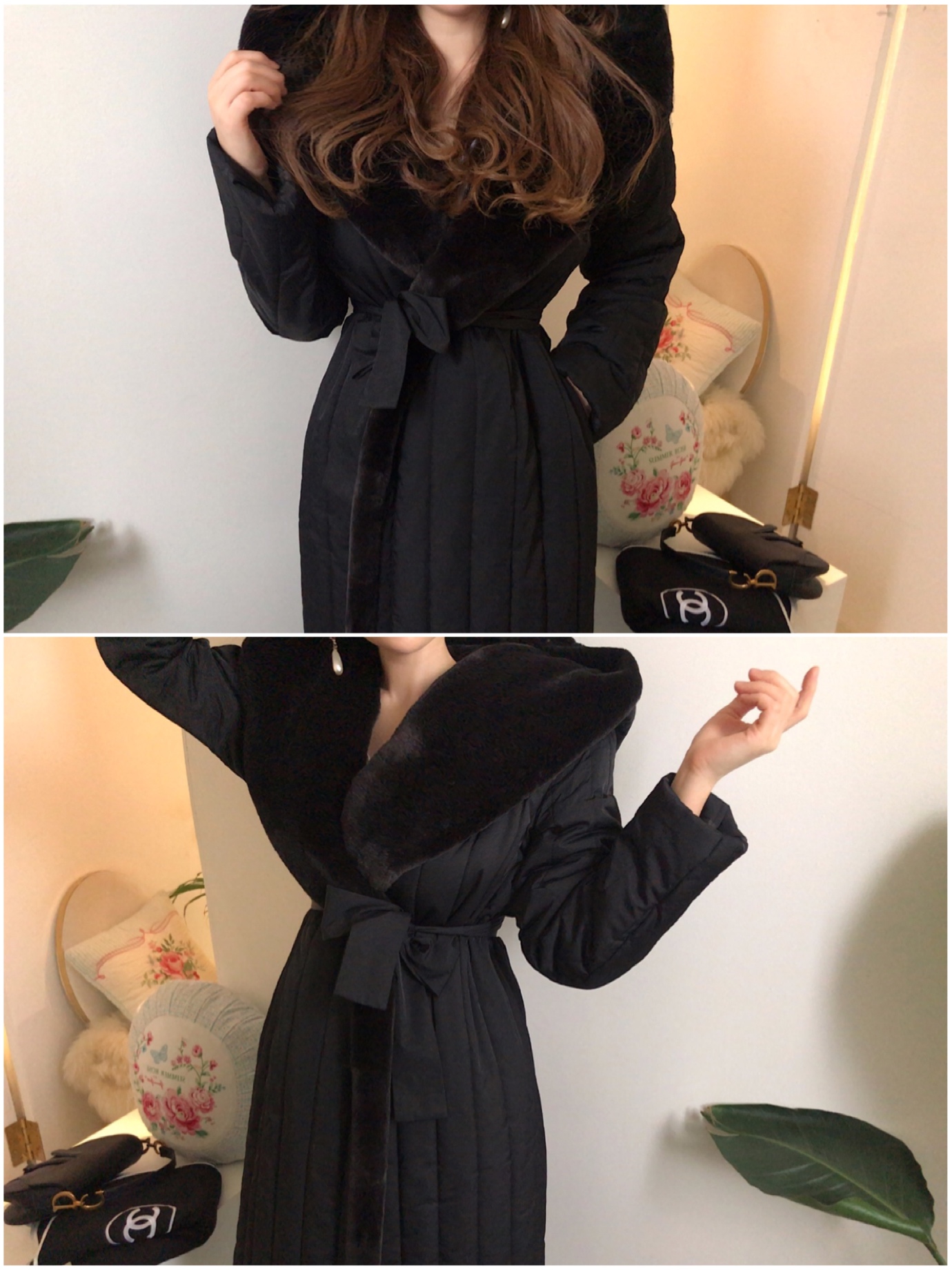 아이비 밍크퍼 롱 패딩코트 SET (패딩코트&벨트/스테디셀러,솜누빔,퀼팅,후드,리본,라인핏) [비비아레이디]