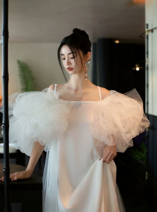 퍼프 쉬폰 민소매 나시 테마 야외스튜디오촬영 스냅촬영 빈티지 화보 셀프웨딩드레스 이미지 4