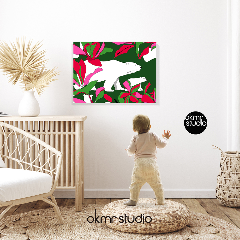 북극곰 레드그린 캔버스 패브릭 중형 거실 인테리어 그림 액자 주문 제작 집들이 선물 액자 - 상세 이미지 5