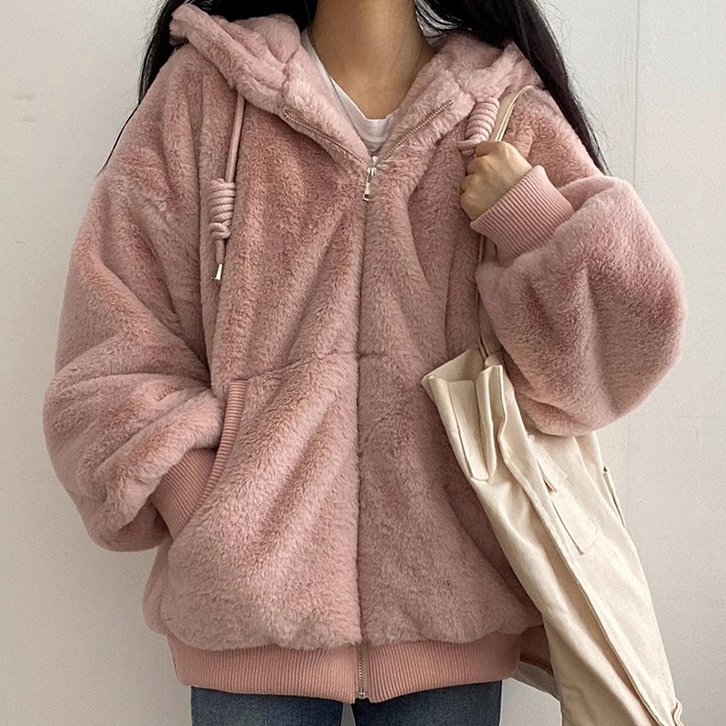 보들풍성 밧줄손잡이 밍크후드집업 겨울아우터 페이크퍼숏점퍼 페미닌 - 상세 이미지 5