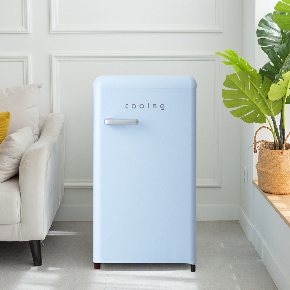 쿠잉 레트로 미니냉장고 REF-90CN 블루 소형 원룸 사무실 원도어 작은 슬림 가정용