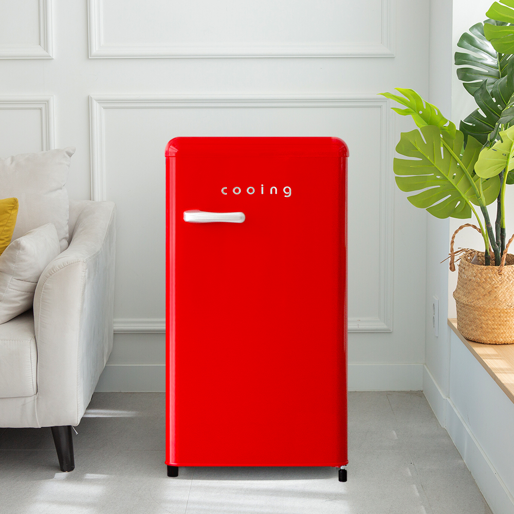 쿠잉 레트로 미니냉장고 REF-90CN 레드 소형 원룸 사무실 원도어 작은 슬림 가정용