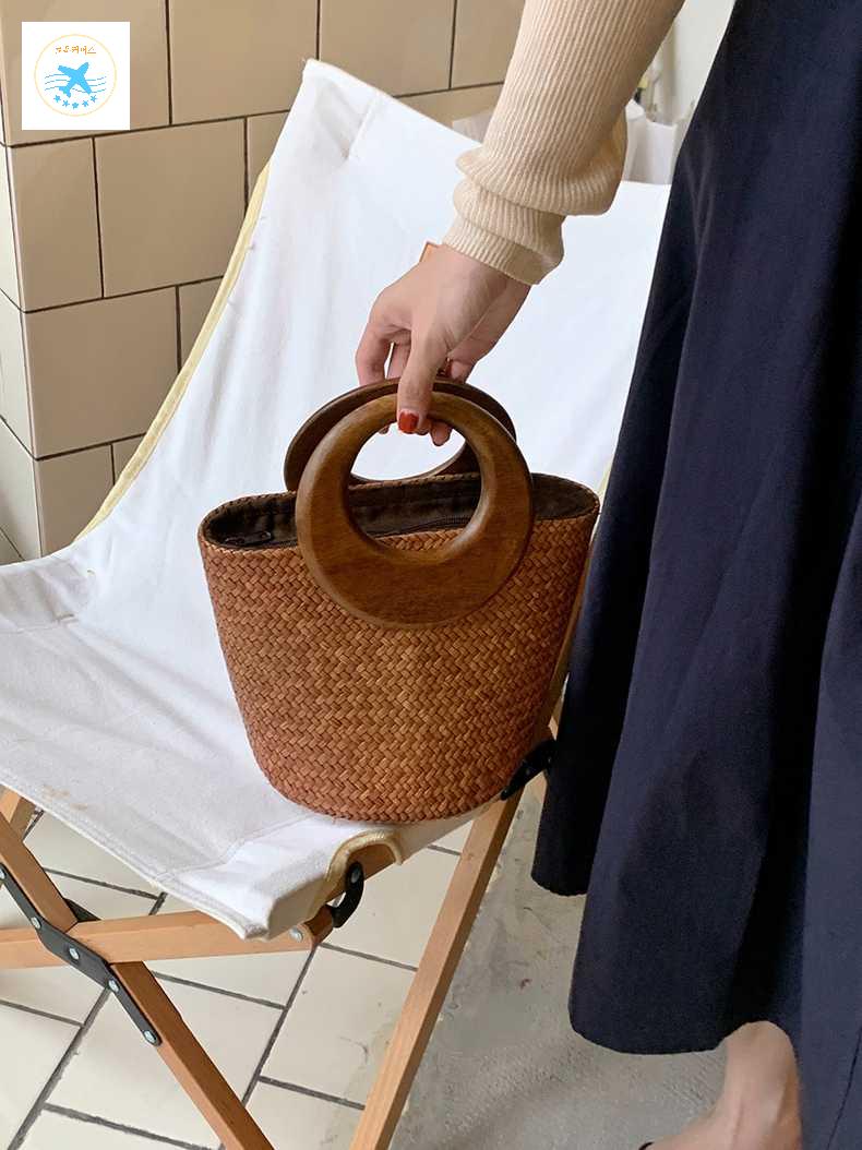 라탄 우드 바스켓 토트백 여성 미니 핸들 가방 여름 - 상세 이미지 3
