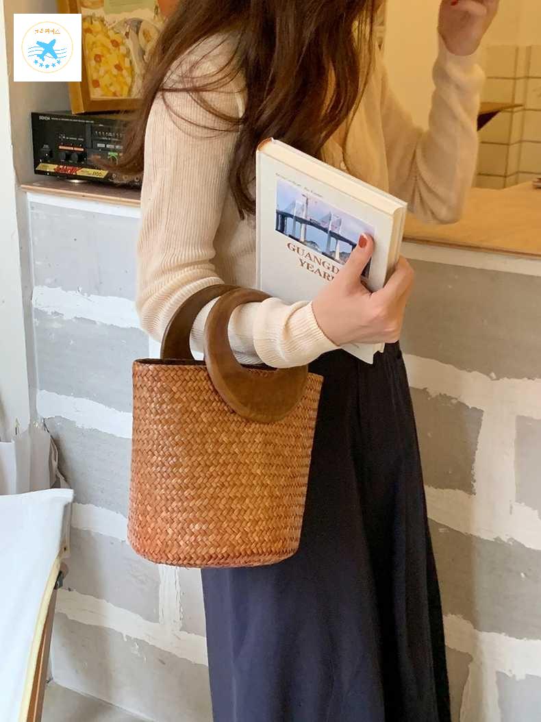 라탄 우드 바스켓 토트백 여성 미니 핸들 가방 여름 - 상세 이미지 2