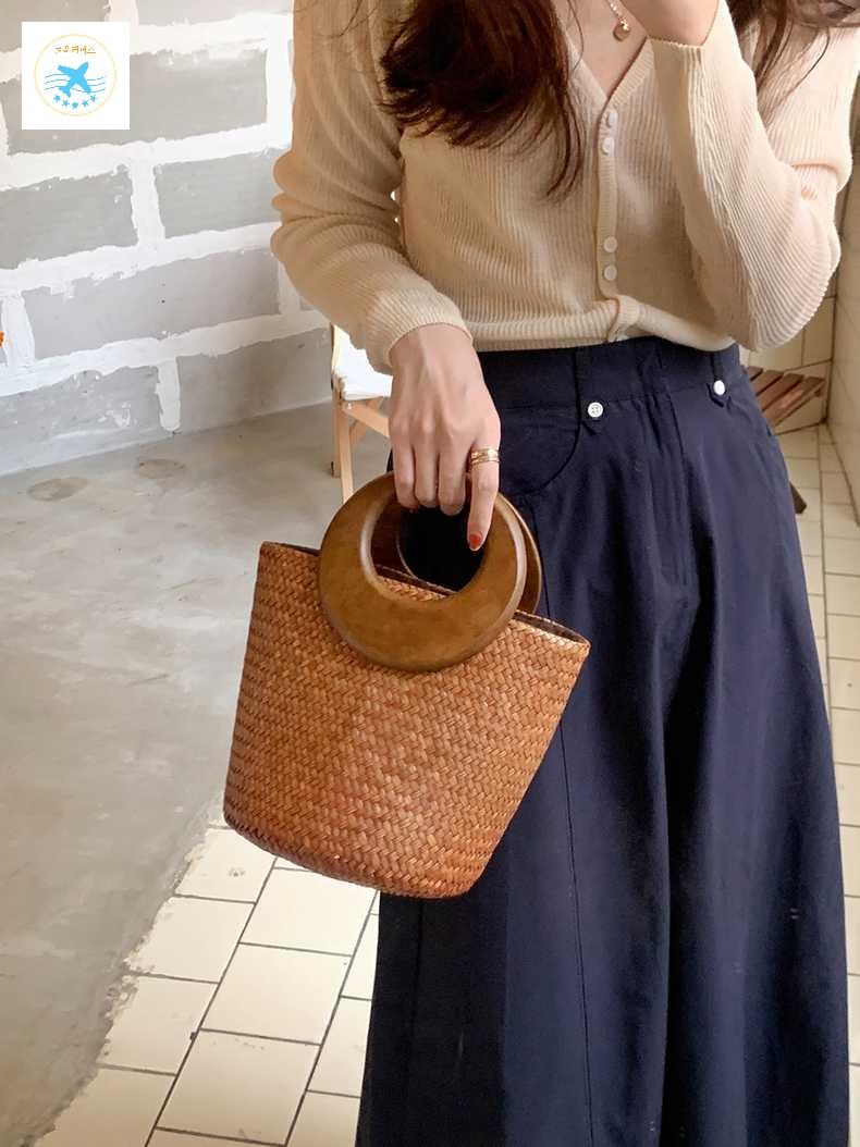 라탄 우드 바스켓 토트백 여성 미니 핸들 가방 여름 - 상품 이미지