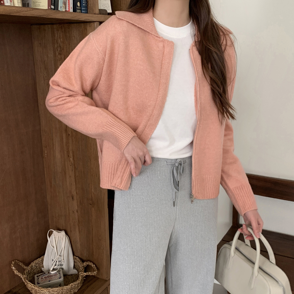 루즈핏 빅카라 여성 집업 니트 가디건 울 카라 여자 가디건 핑크 네이비