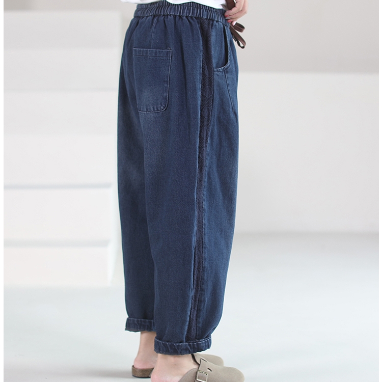 옆라인 배색 배기팬츠 끈리본밴딩 청바지 고무줄바지 - 상세 이미지 4