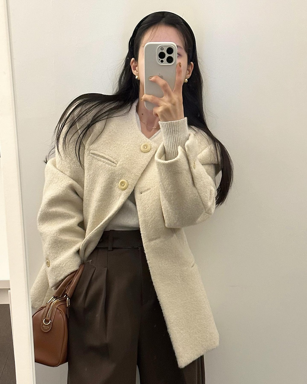 모벤 여성 겨울 울 노카라 라운드 오버핏 루즈핏 라인 블레이저 자켓 - 상세 이미지 2
