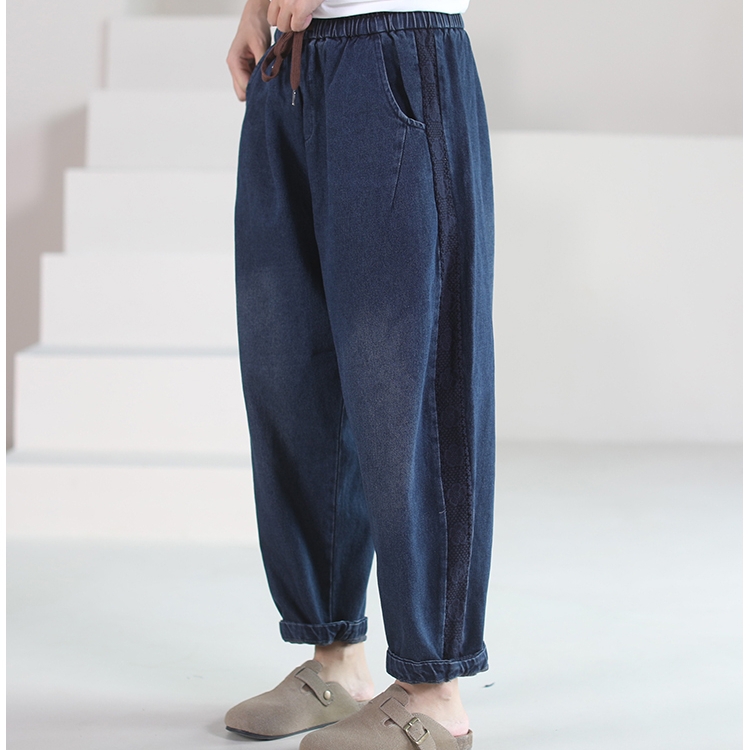 옆라인 배색 배기팬츠 끈리본밴딩 청바지 고무줄바지 - 상품 이미지