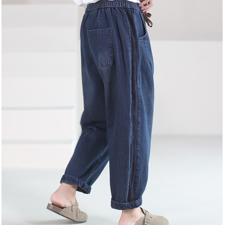 옆라인 배색 배기팬츠 끈리본밴딩 청바지 고무줄바지 - 상세 이미지 3