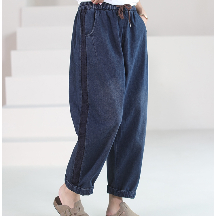 옆라인 배색 배기팬츠 끈리본밴딩 청바지 고무줄바지 - 상세 이미지 2