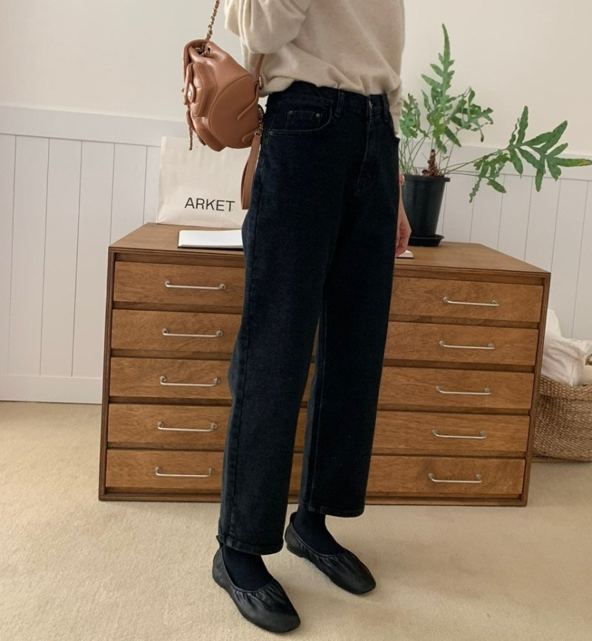 카밀 흑청 안감 기모 겨울 데님 하이웨스트 일자 와이드 청바지 이미지 2