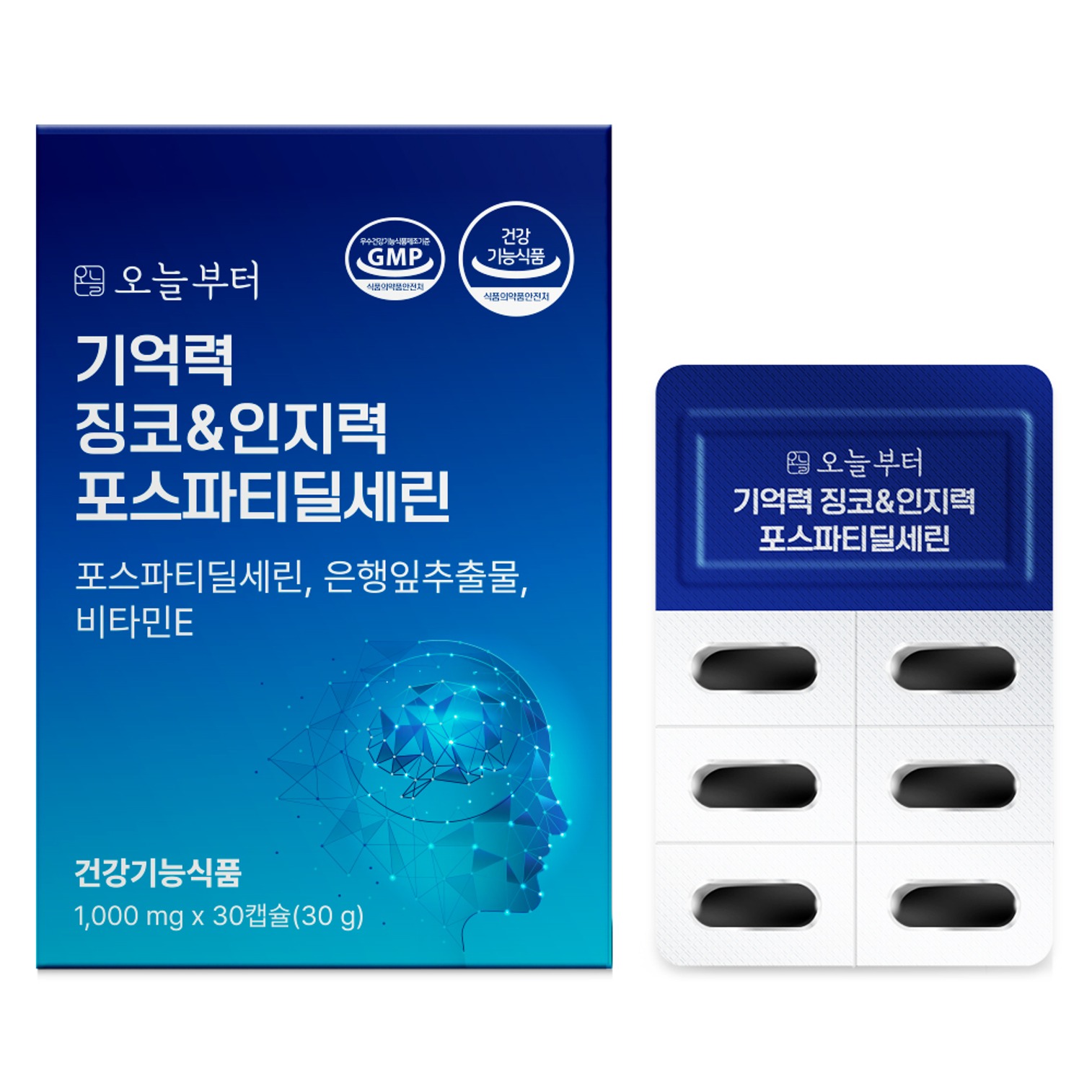 오늘부터 기억력 징코&인지력 포스파티딜세린 개선 두 뇌 건강 영양제 30캡슐, 1개 - 메인 이미지
