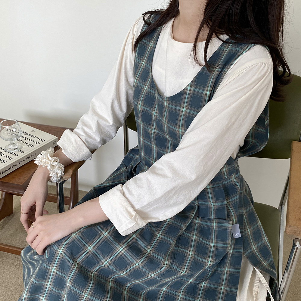 한스데이 메리앤 체크 원피스 장금이 앞치마 카페 플로리스트 자수 에이프런 - 상세 이미지 4