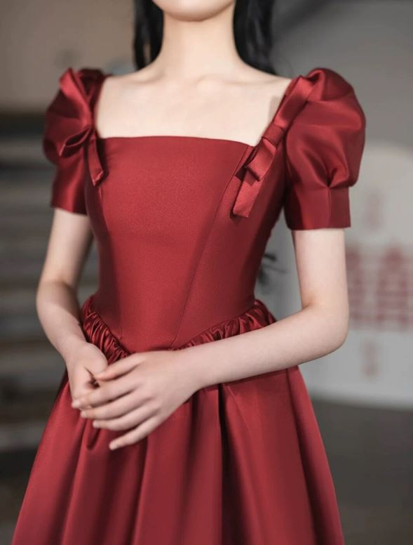 새틴 리본 반팔 셀프 스몰 이브닝 2부 스냅촬영 연회 연주 버건디 레드드레스 이미지 2