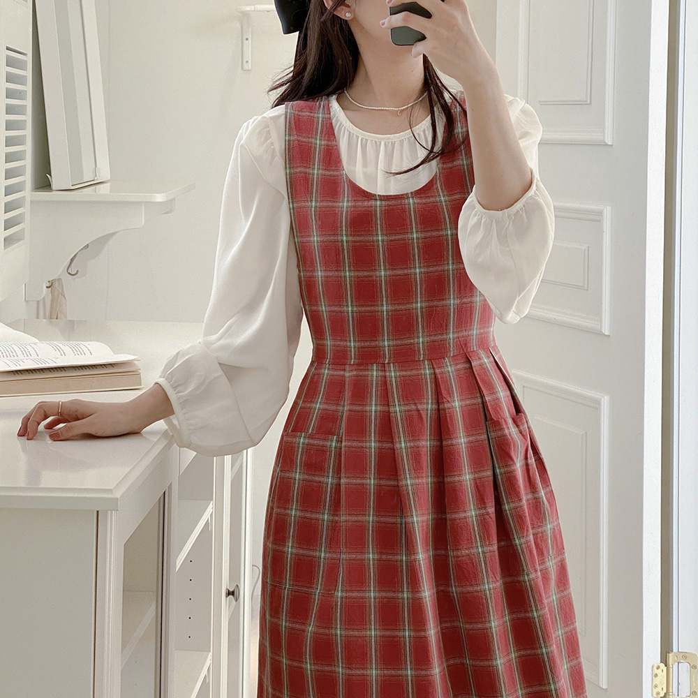 한스데이 메리앤 체크 원피스 장금이 앞치마 카페 플로리스트 자수 에이프런