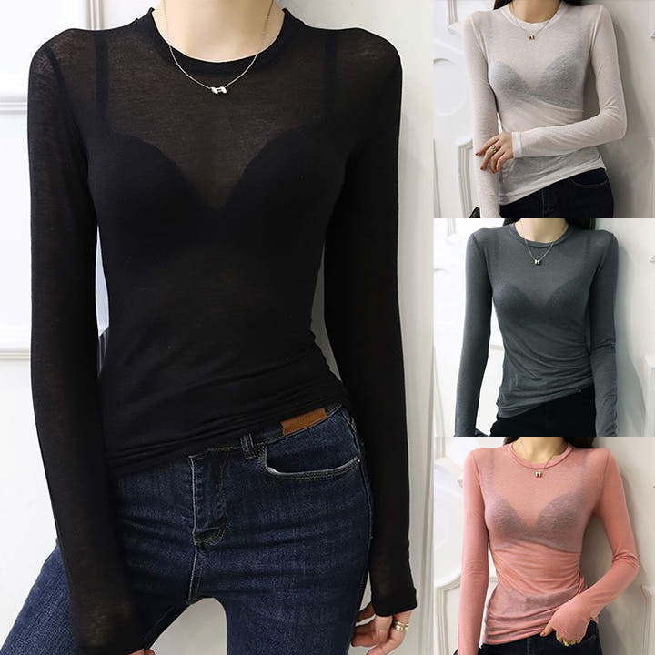 COSTMALL 시스루티셔츠 레이어드 여름 긴팔 라운드넥 슬림 - 최저가 14,900원
