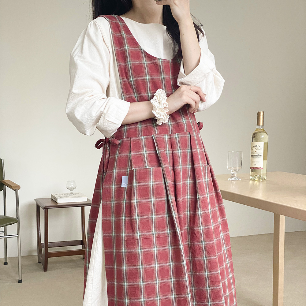 한스데이 메리앤 체크 원피스 장금이 앞치마 카페 플로리스트 자수 에이프런 - 상세 이미지 3
