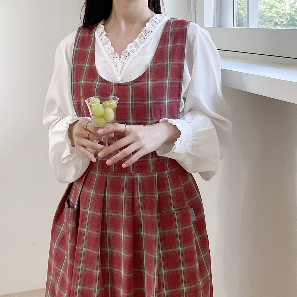한스데이 메리앤 체크 원피스 장금이 앞치마 카페 플로리스트 자수 에이프런 - 상세 이미지 5
