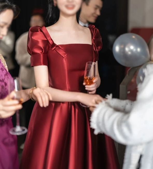 새틴 리본 반팔 셀프 스몰 이브닝 2부 스냅촬영 연회 연주 버건디 레드드레스 이미지 4