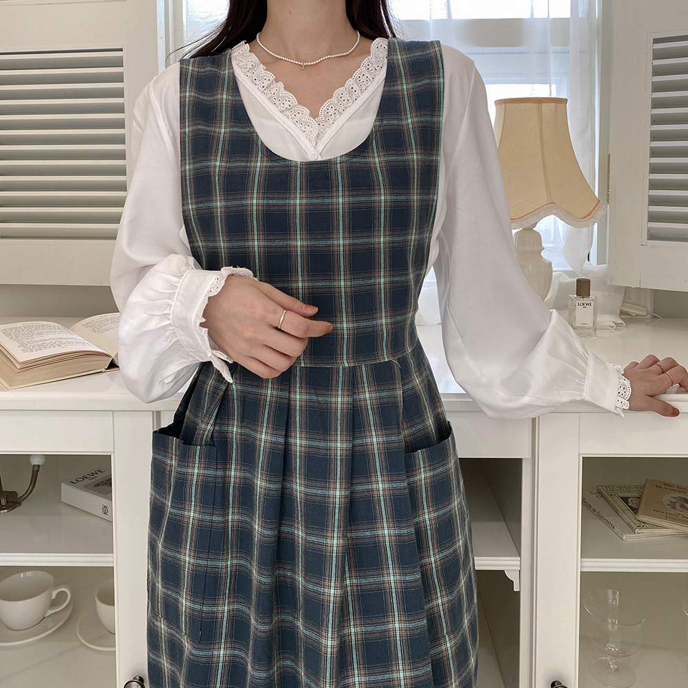 한스데이 메리앤 체크 원피스 장금이 앞치마 카페 플로리스트 자수 에이프런 - 상세 이미지 2