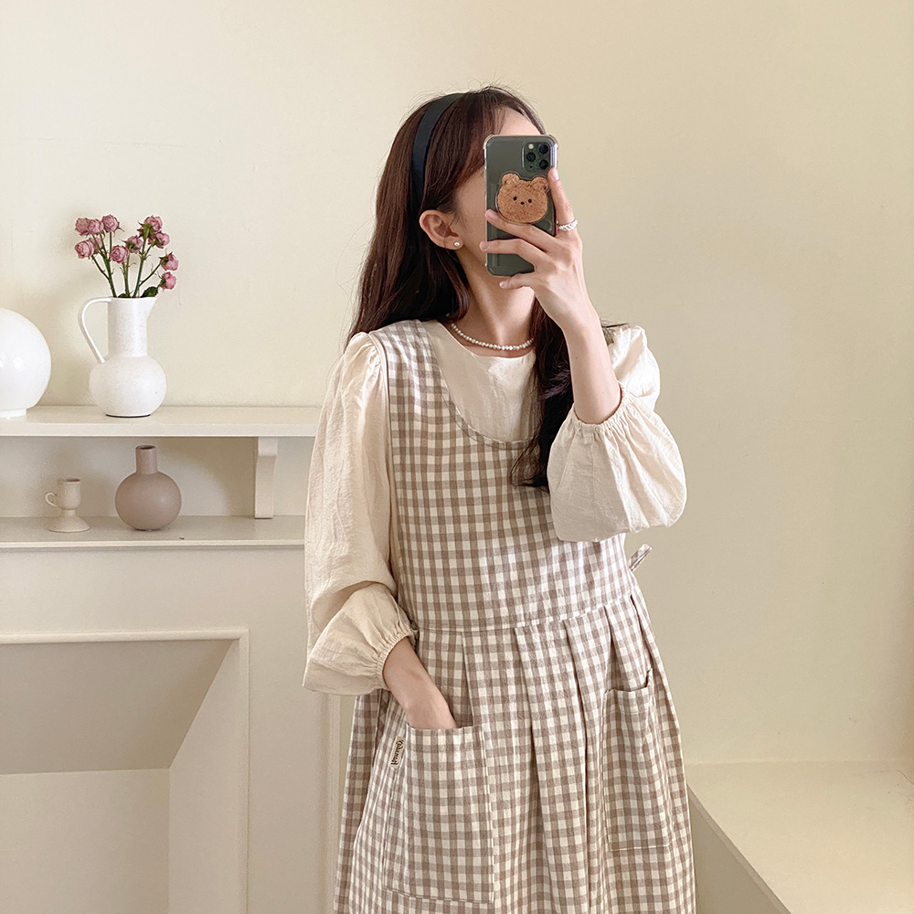 한스데이 잔체크 장금이 원피스 앞치마 어린이집 보육교사 플로리스트 에이프런