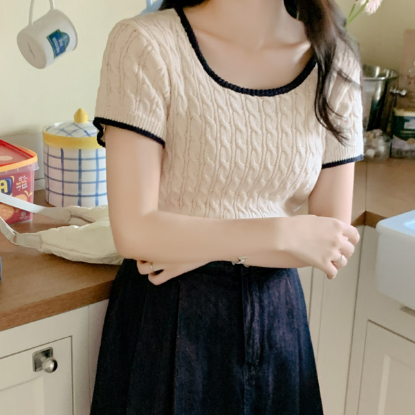 모아나 케이블 배색 U넥 코튼 니트 니트 여름 썸머 nt3645