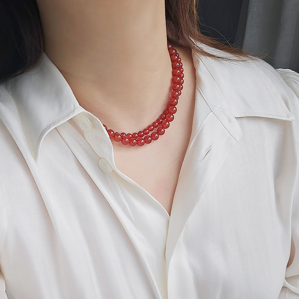 레드 원석 천연 자마노 6mm/8mm 써지컬스틸 남자 여자 커플 FW 겨울 포인트 목걸이 - 상세 이미지 4