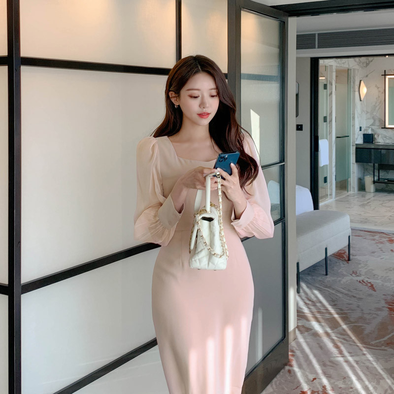 쉬폰 배색 머메이드 롱 원피스 op13184