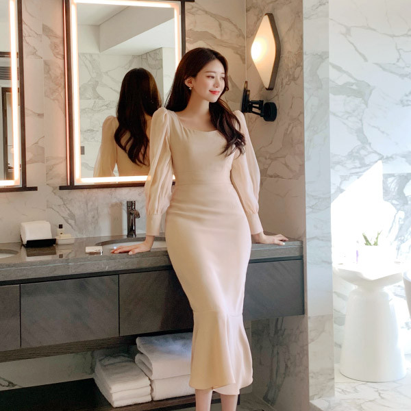 쉬폰 배색 머메이드 롱 원피스 op13184