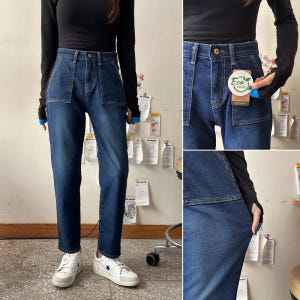 겨울 하이웨스트 보이핏 진청 데님 밴딩진 여자기모청바지 여성청바지 키작녀... 착용 후기 | 사이즈/핏 총정리 - 상품 이미지 1