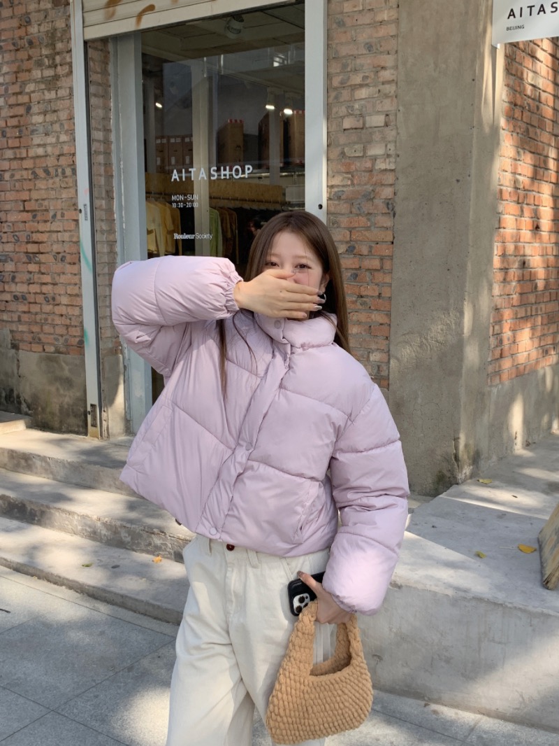 네프 겨울 여성 루즈핏 하이넥 데일리 밑단 스트링 웰론 숏 크롭 패딩 점퍼 이미지 2