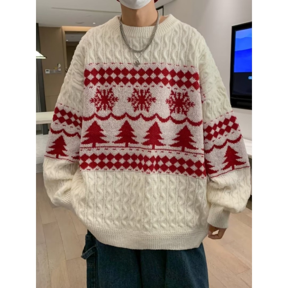 크리스마스 커플 스웨터 노르딕 빈티지 겨울 빅사이즈 루즈핏 눈꽃 연말 파티 단체복 2컬러 - 상세 이미지 5
